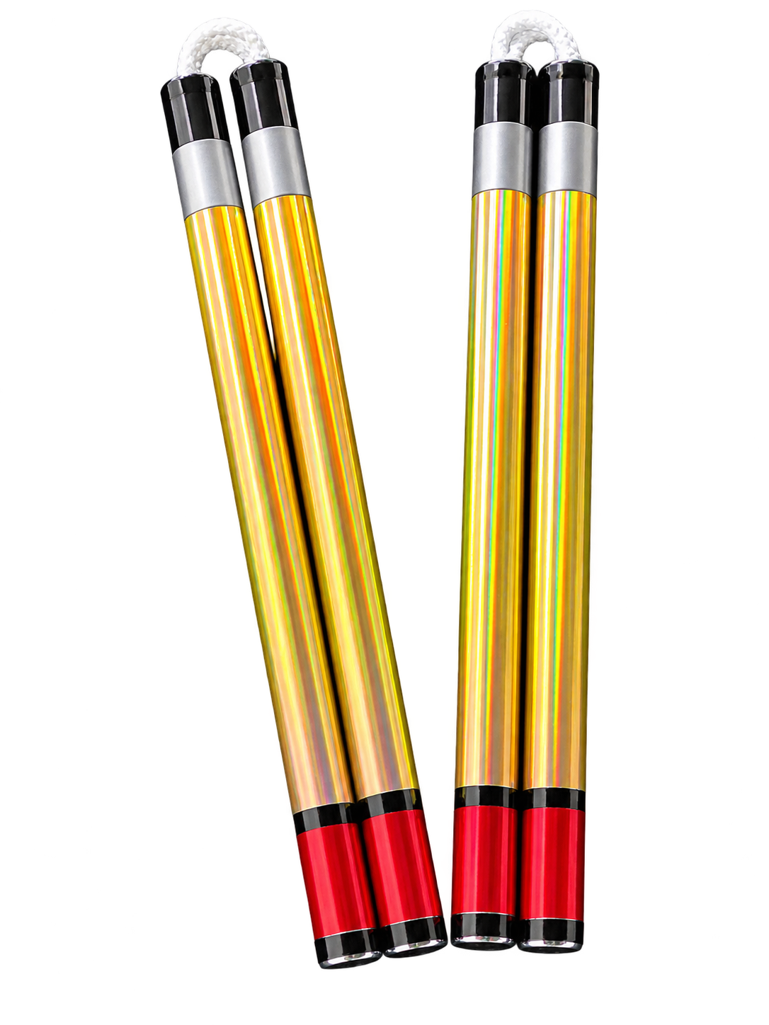 Two pairs of Pro / Competition nunchaku in gold prism finish with red ends and string connection